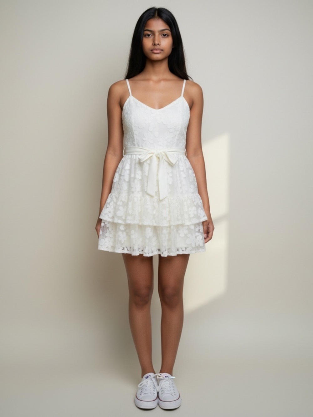 Floral Lace Spaghetti-Strap Tiered Mini Dress in White